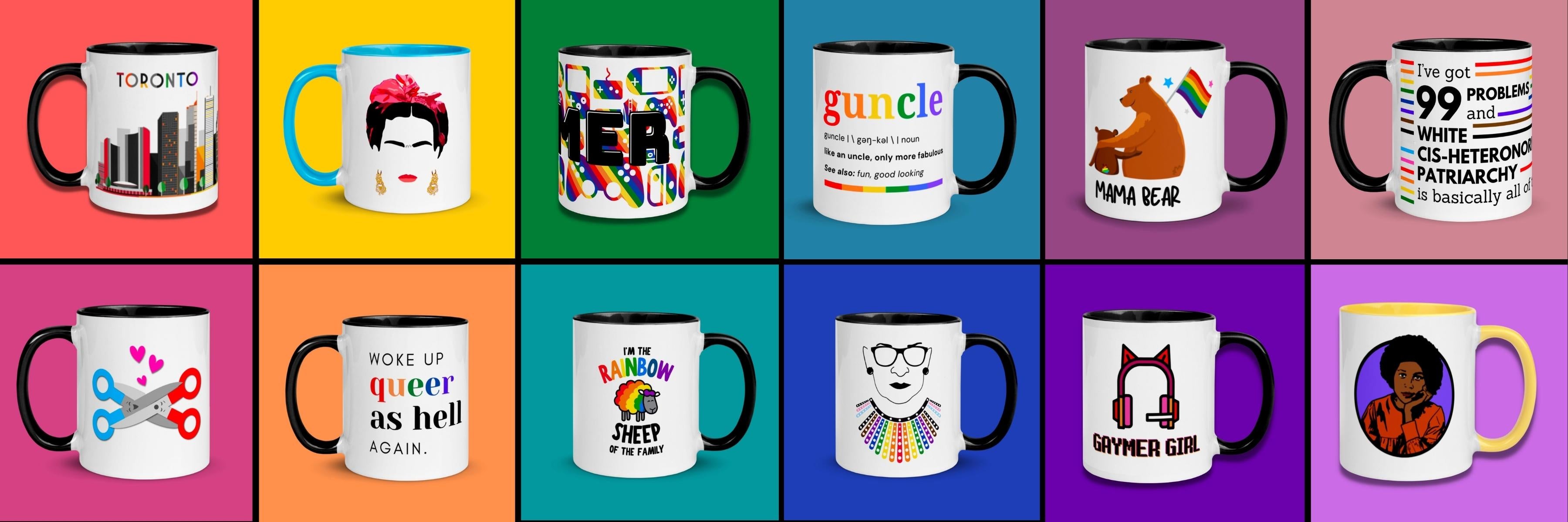 LGBT Inspired Coffee Mugs laid out in a grid with rainbow colours in the background