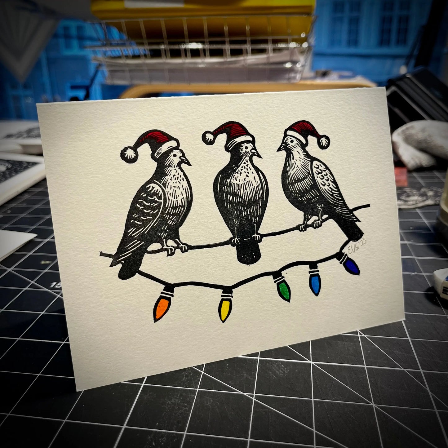 Three Pigeons Slaying Holiday Card | LINOCUT CARD Queero Gear