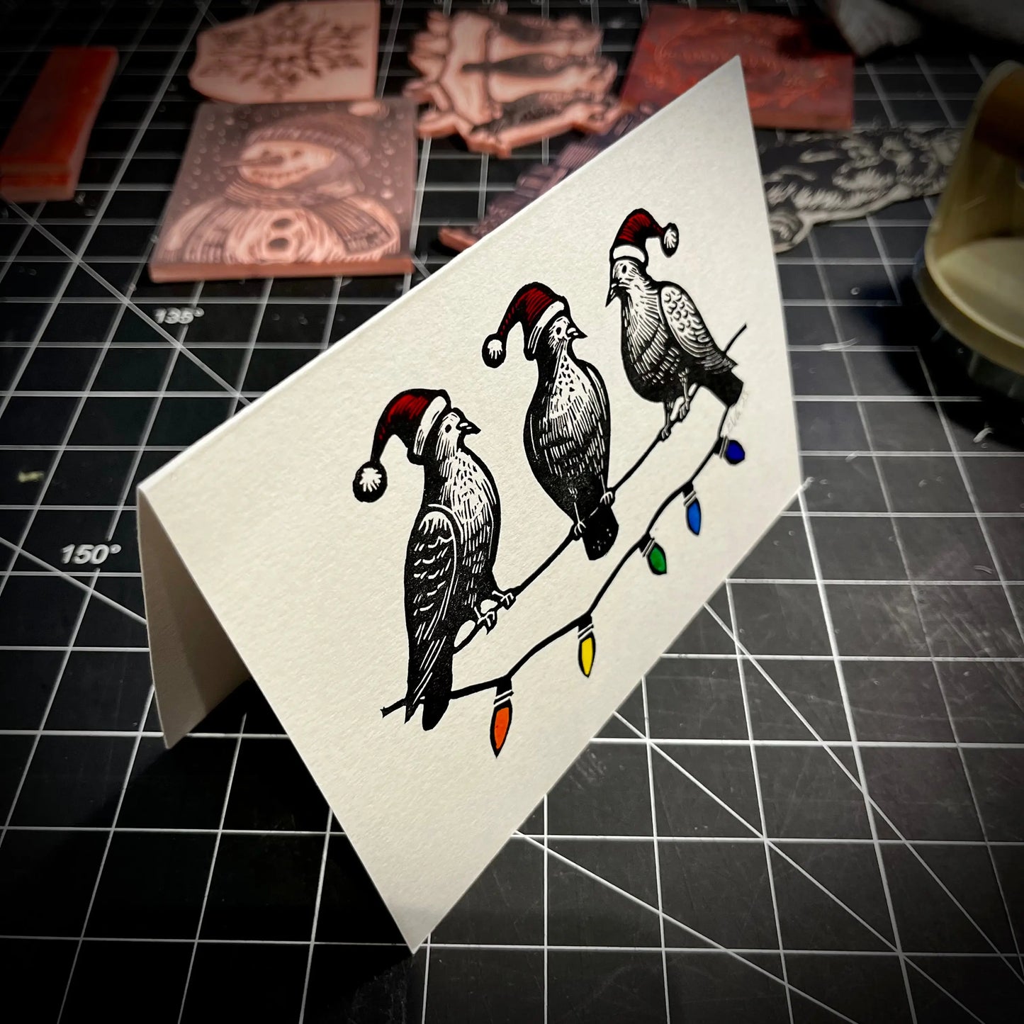 Three Pigeons Slaying Holiday Card | LINOCUT CARD Queero Gear