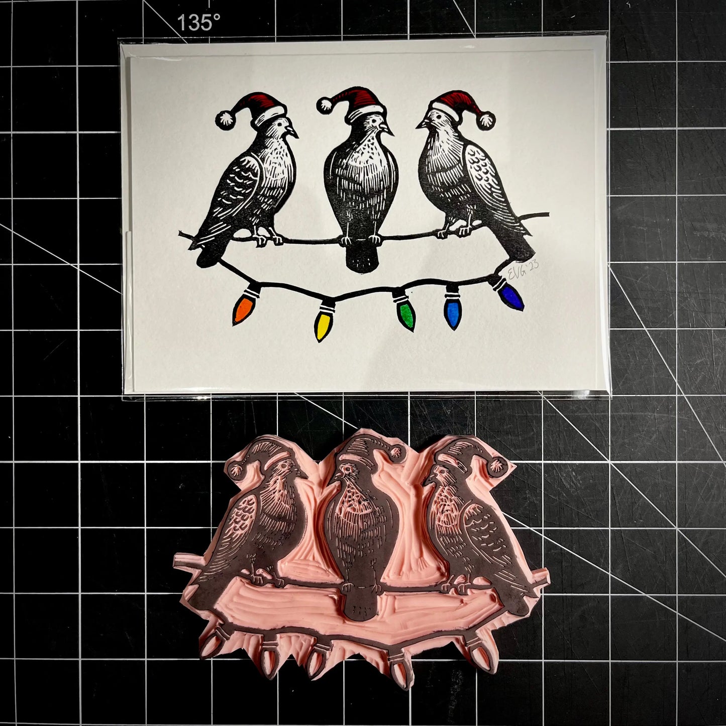 Three Pigeons Slaying Holiday Card | LINOCUT CARD Queero Gear