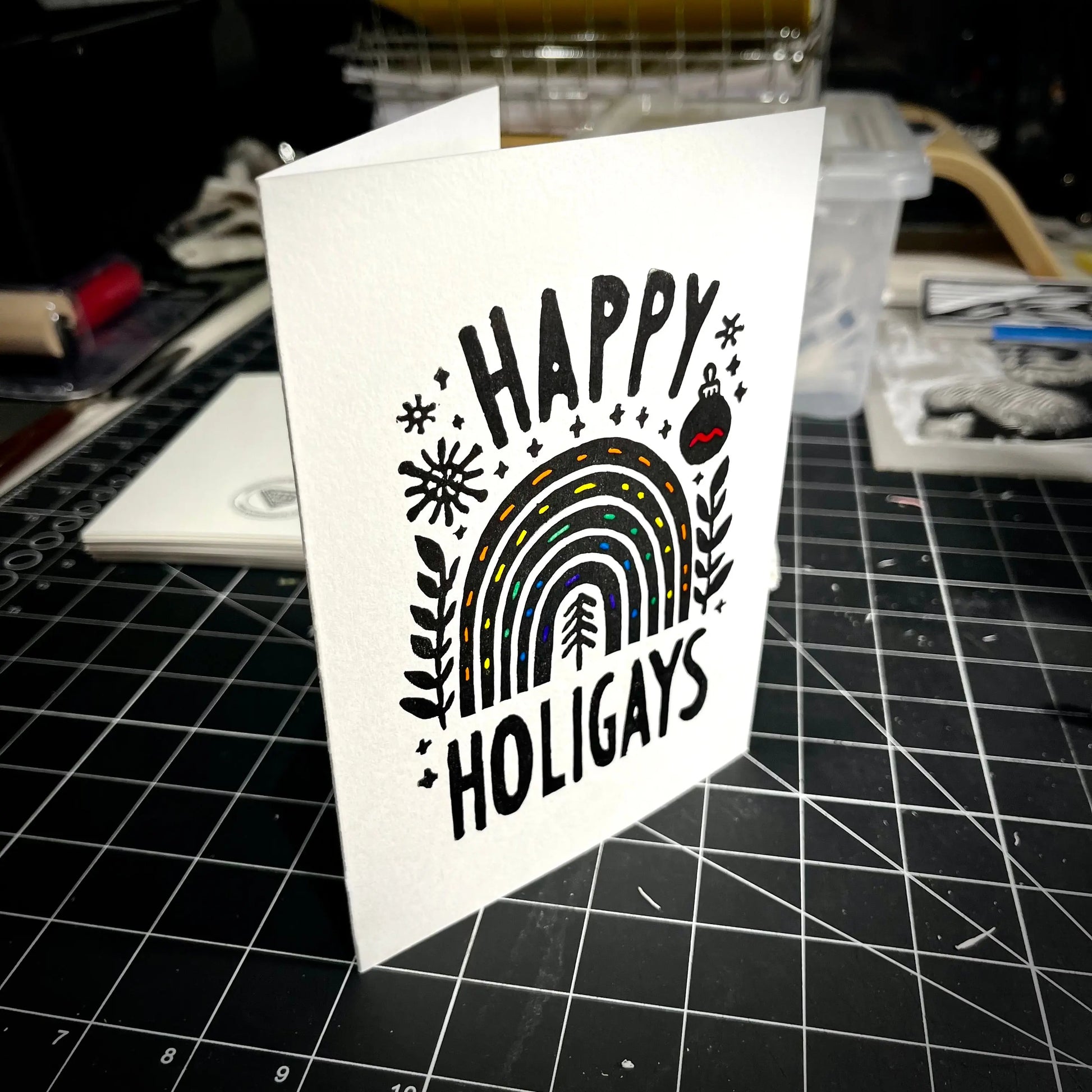 Happy Holigays Holiday Card | LINOCUT CARD Queero Gear