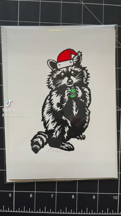 Pascal the Holiday Raccoon | Greeting Card | LINOCUT CARD