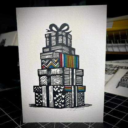 Rainbow Presents Holiday Card | LINOCUT CARD Queero Gear