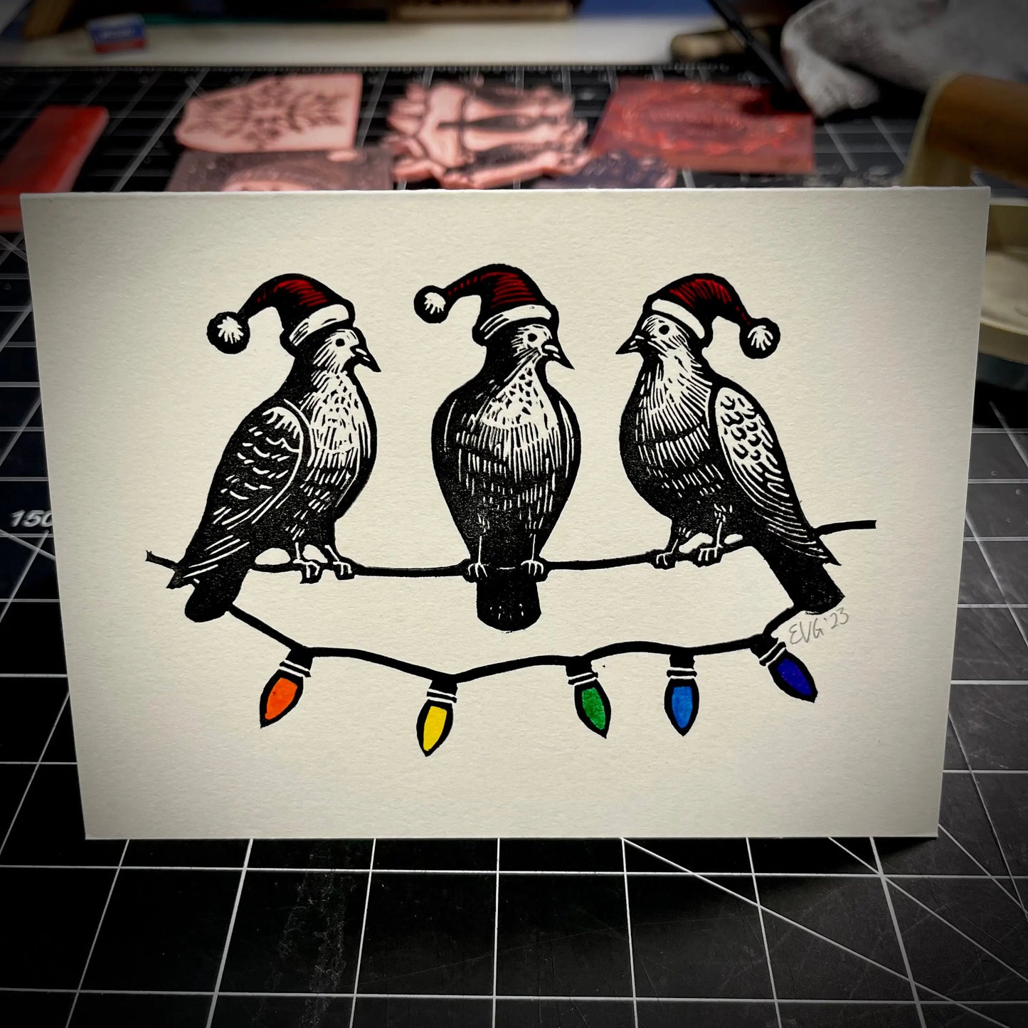 Three Pigeons Slaying Holiday Card | LINOCUT CARD Queero Gear