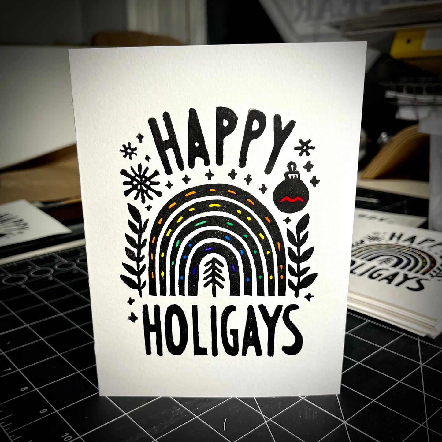 Happy Holigays Holiday Card | LINOCUT CARD Queero Gear