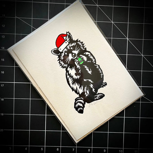 Pascal the Holiday Raccoon | Greeting Card | LINOCUT CARD Queero Gear