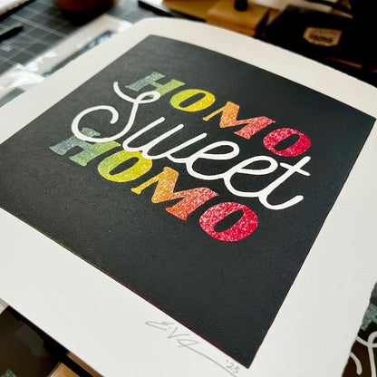 "Homo Sweet Homo No. 2” LINOCUT PRINT | Limited Edition | Rainbow Queero Gear
